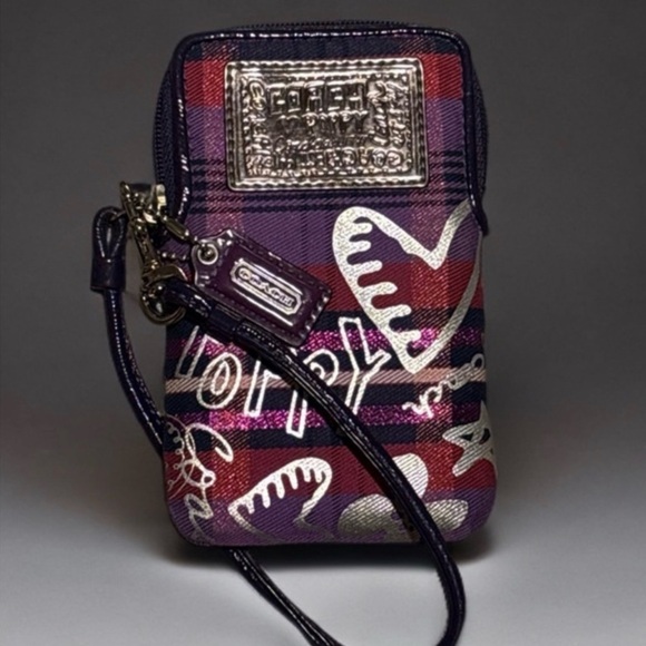 Coach Poppy Tartan Purple Plaid Wristlet - Picture 1 of 14